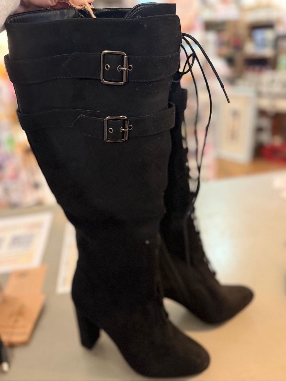 Women's Black Knee-High Buckle Lace-Up Boots